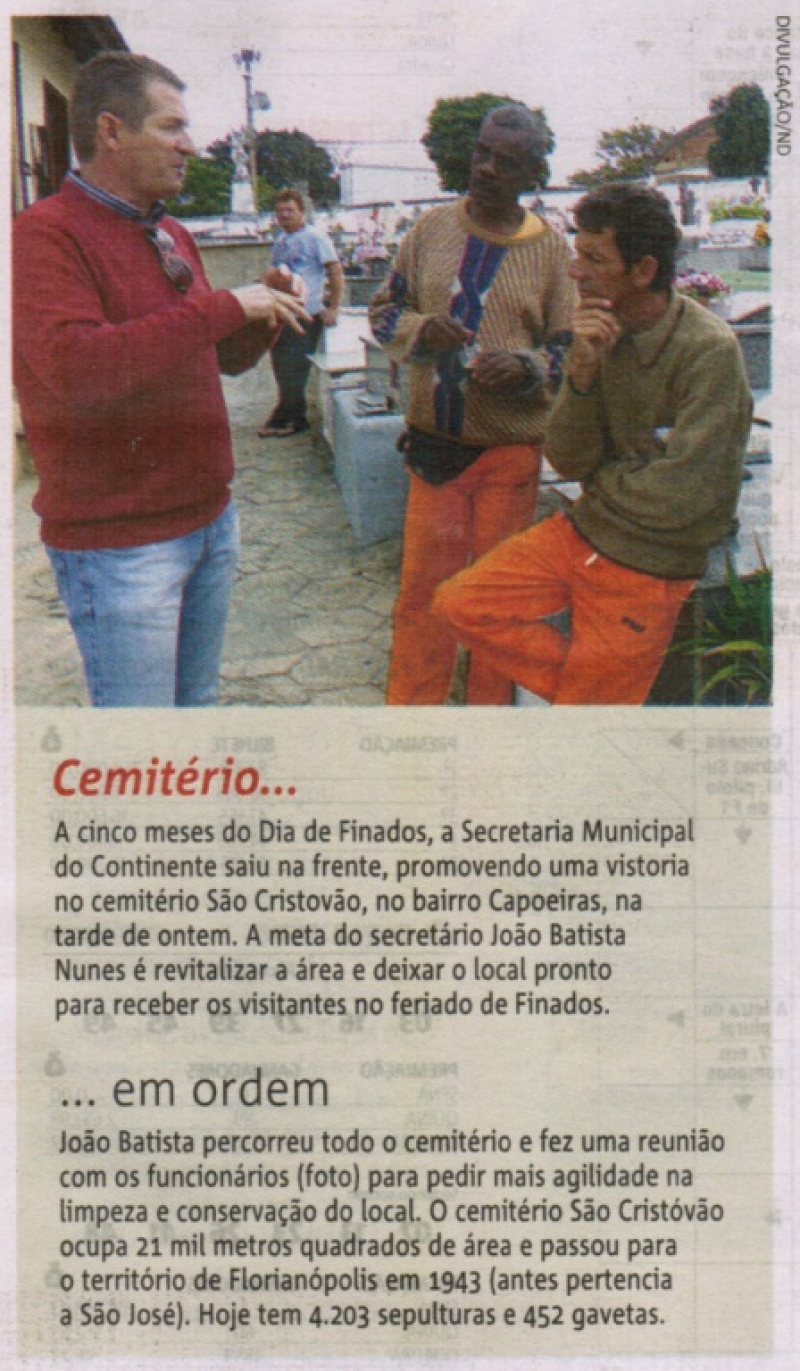 Vistoria do cemitério São Cristovão foi divulgada na coluna do jornal Notícias do Dia