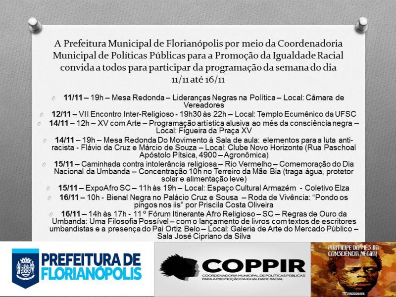 Confira a programação da semana do dia 11/11 até 16/11
