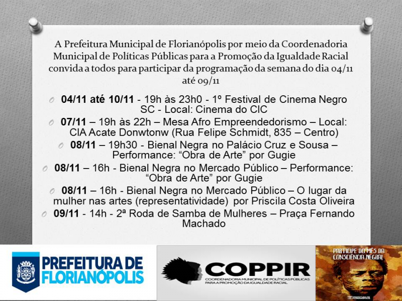 Confira a programação da semana do dia 04/11 até 09/11