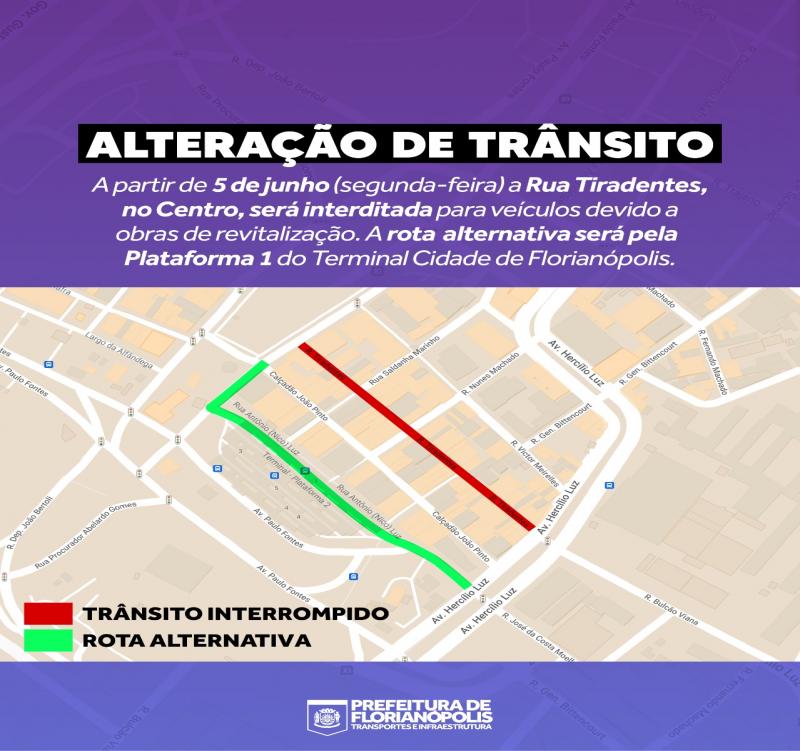 Rua Tiradentes, no Centro, será interditada para veículos