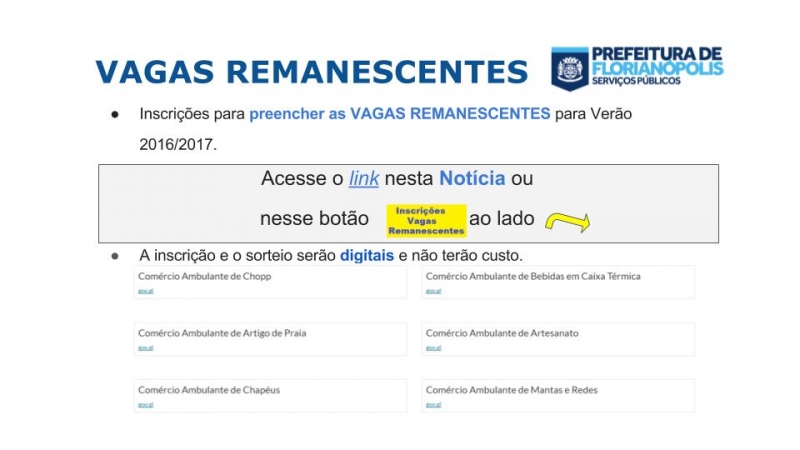 Inscrições para vagas remanescentes - Confira as vagas disponíveis para cada atividade!