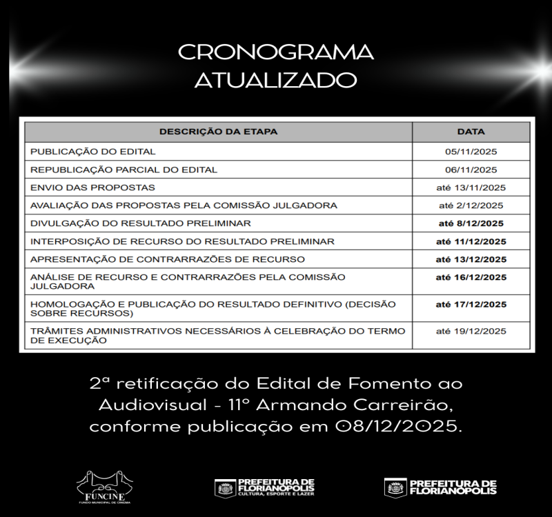 Confira o resultado preliminar do Edital de Fomento ao Audiovisual - 11º Armando Carreirão e o cronograma atualizado