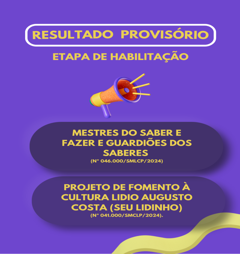 Resultados Provisório Etapa de Habilitação - Edital seu Lidinho e Mestres do Saber