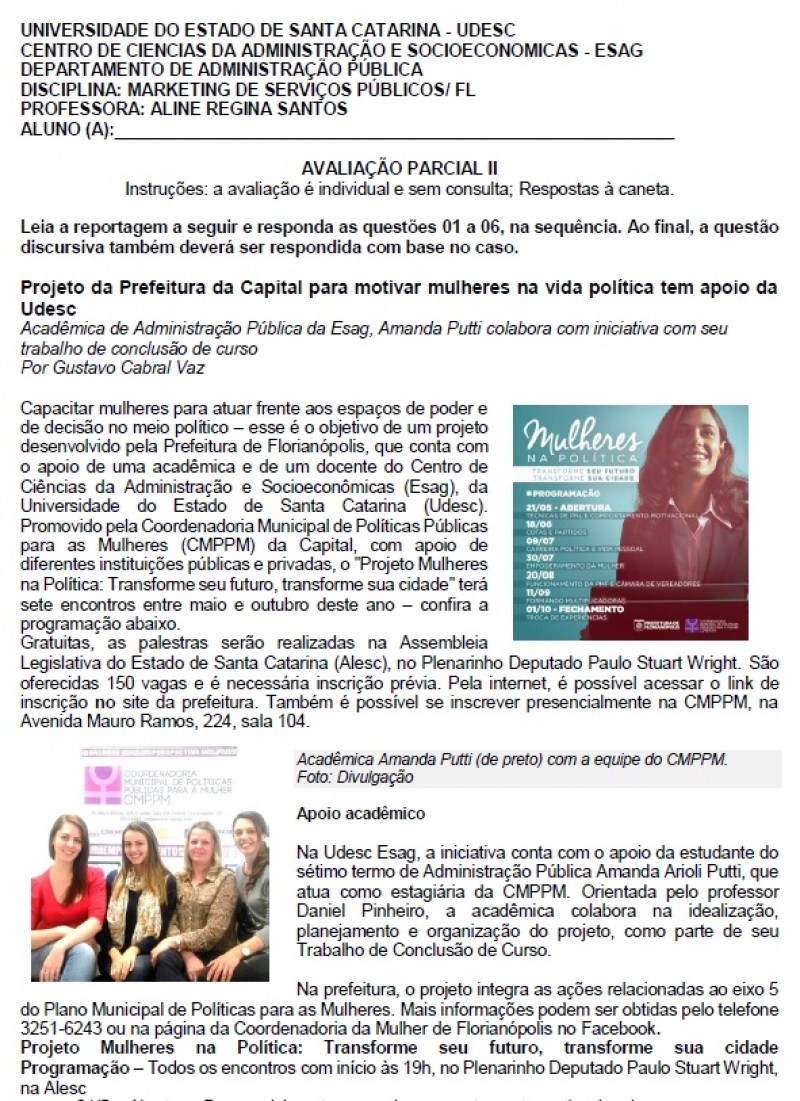 Projeto Mulheres na Política é utilizado como exemplo em prova na ESAG – UDESC