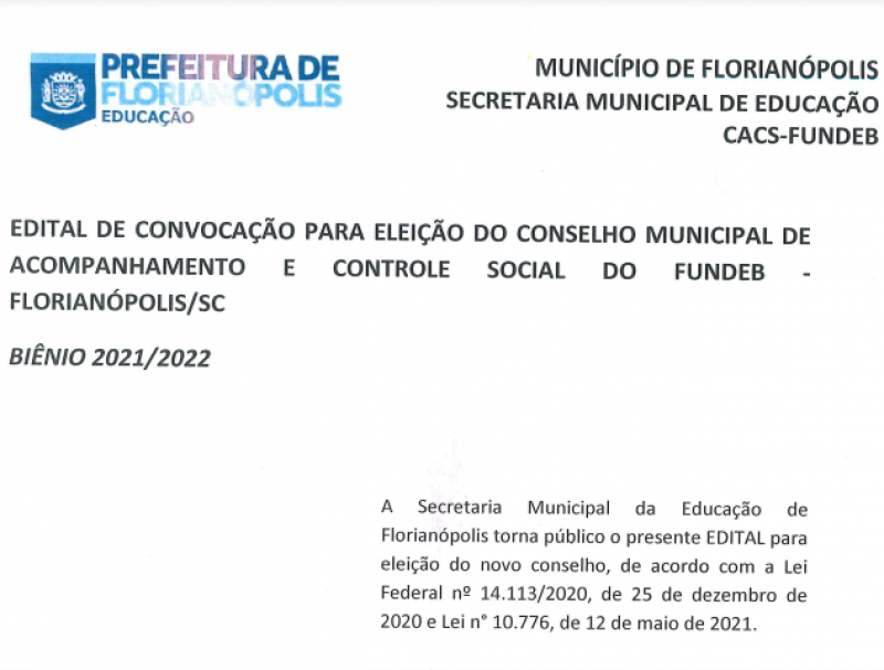 Edital de convocação para eleição do Conselho Municipal de Acompanhamento e Controle Social do FUNDEB