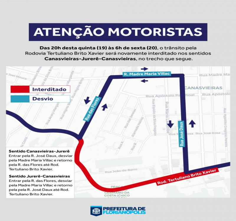 Rodovia Tertuliano Brito Xavier, em Canasvieiras, terá trecho interditado
