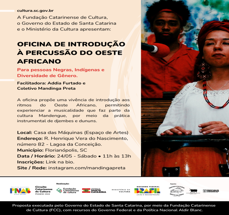 Oficina de Introdução à Percussão do Oeste Africano voltada para pessoas negras, indígenas e diversidades de gênero