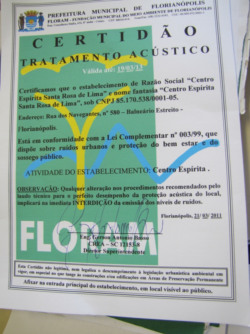 Centro Espírita recebe Certidão de Tratamento Acústico