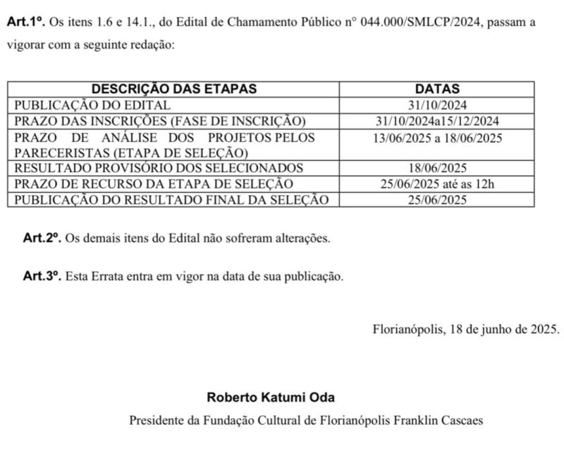Novo cronograma disponível — Edital PNAB nº 044.000/SMLCP/2024