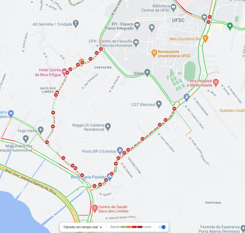 Google trânsito destaca melhora expressiva no trânsito do entorno da UFSC neste início de semana