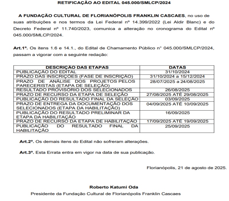 Novo cronograma — Edital PNAB nº 045.000/SMLCP/2024