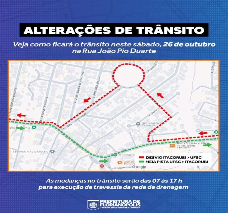 Rua João Pio Duarte, no Córrego Grande, terá desvio de trânsito 