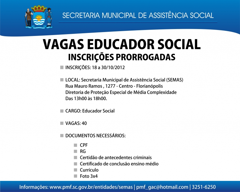 Inscrições para Processo Seletivo se estendem até próxima quinta-feira