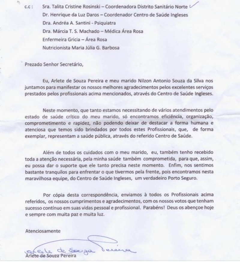 Carta com elogios emociona na Saúde